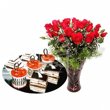 Cake Slices from Pearl Continental Hotel with Long Stemmed Red Roses delivery to Pakistan