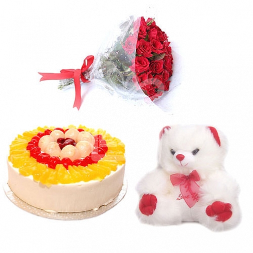 2LB Cake with Red Roses and Teddy Bear
