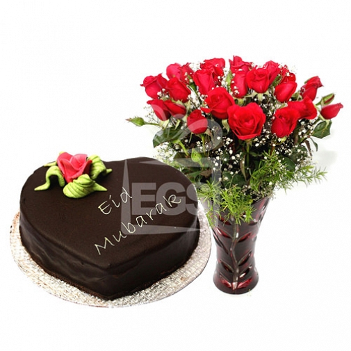 24 Red Roses with 2Lbs Eid Day Cake - Marriott Hotel