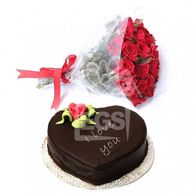 Chocolate heart and flowers