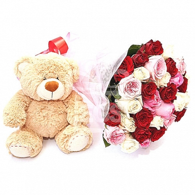 36 Mix Roses Bunch with Teddy