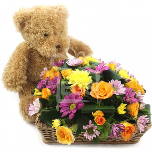Dewy Roses and Bear Gift Basket