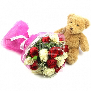 Velvety Roses with Bear Gift