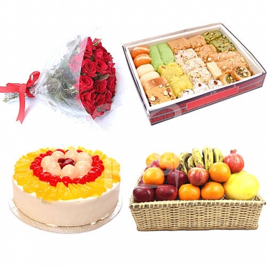 24 Red Roses, 2Lb Cake, 2KG Mithai and Fruit